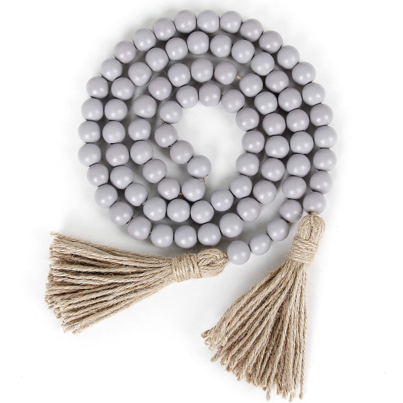 RAMIRABI 58in Wood Bead Garland with Tassels, Farmhouse Rustic Country Decor Prayer Boho Wall Hanging Decoration (Gray) - Image 1